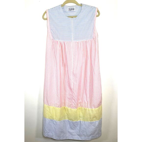 Saybury Vintage 80s Pastel Striped Half Zip Pockets Lounge Comfy Muumuu Dress - Picture 1 of 9
